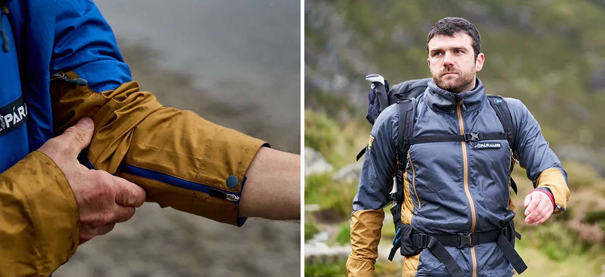 Man in windproof showcasing the features of the jacket in the wild