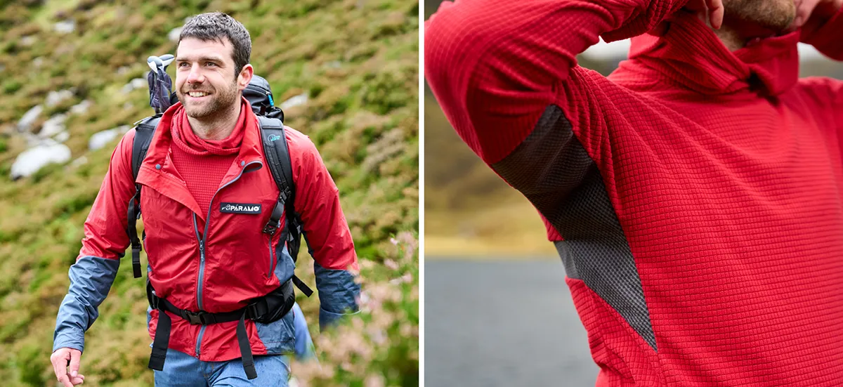 Man wearing warm top and waterproof Paramo jacket hiking through Snowdonia