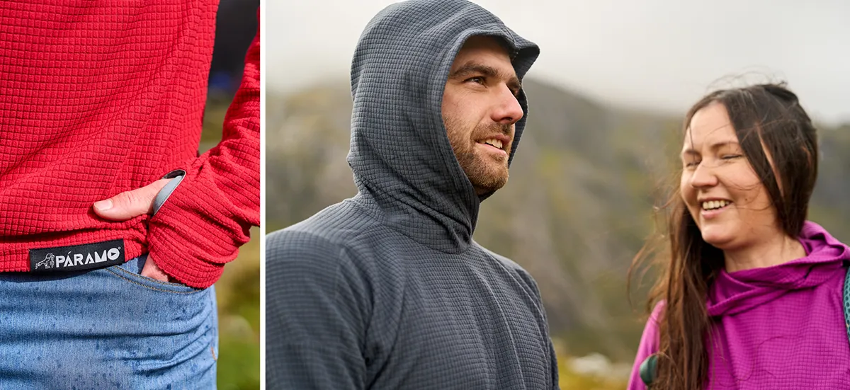 Man wearing warm top with a hood, exploring Snowdonia with his wife