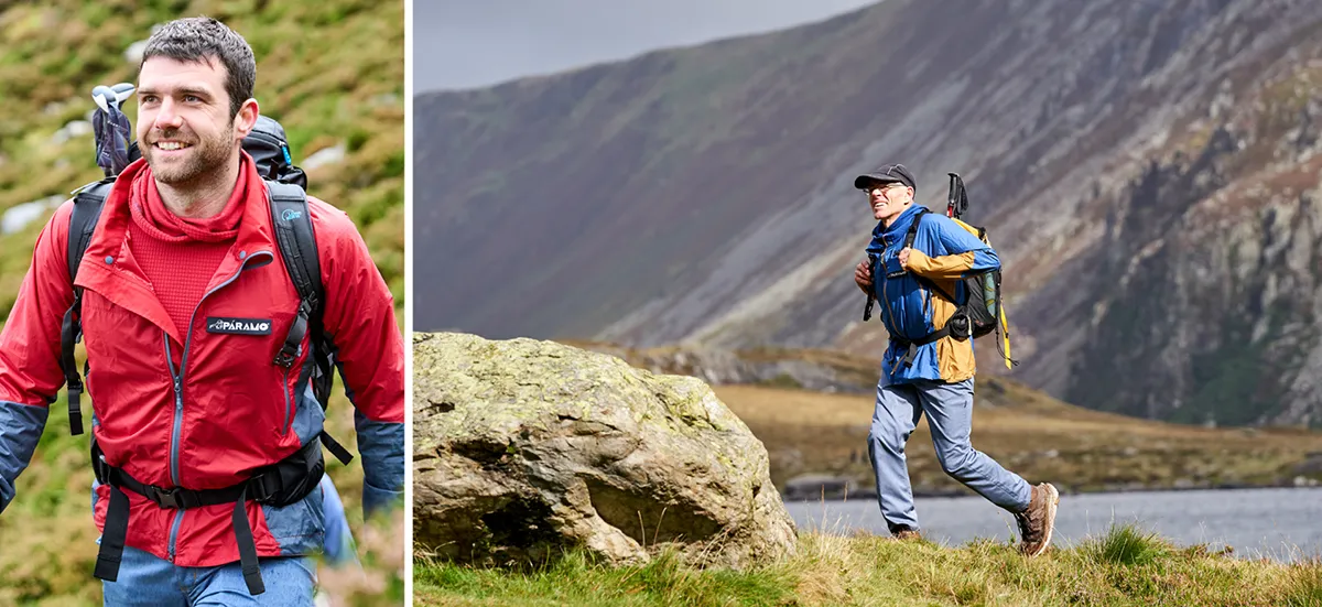 Men in windproof and backpacks exploring the mountains and lakes of Snowdonia