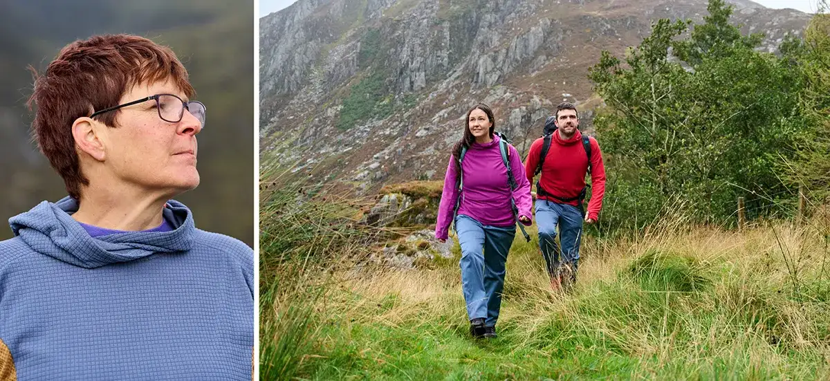 Older woman and Woman wearing warm top with backpack, exploring Snowdonia