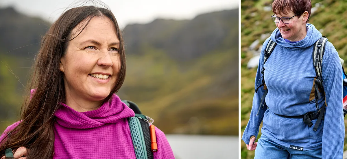 Woman and Older Woman wearing warm top with backpack