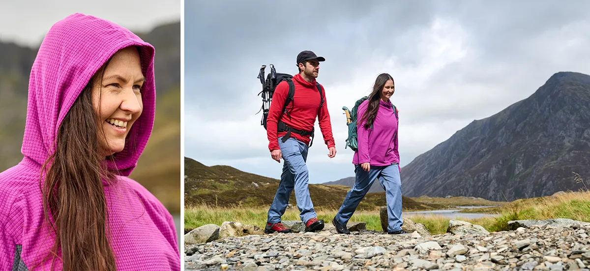 Woman smiling wearing warm top with a hood and walking with her husband