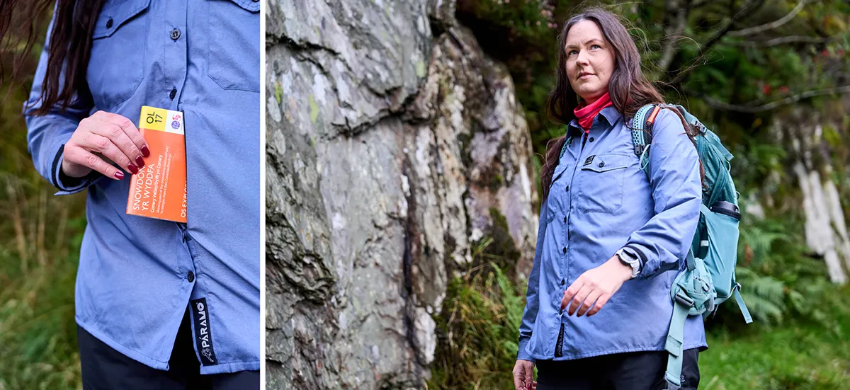 Woman wearing blue outdoors shirts using a explore the outdoors