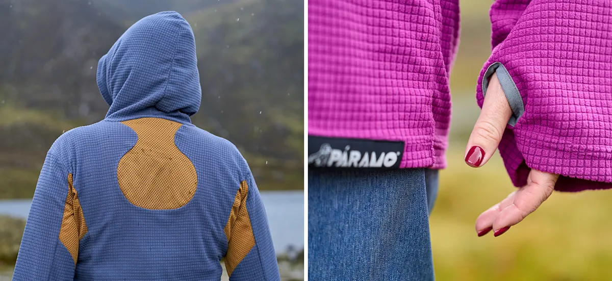 Woman wearing warm top with a hood and Paramo logo in the wilderness